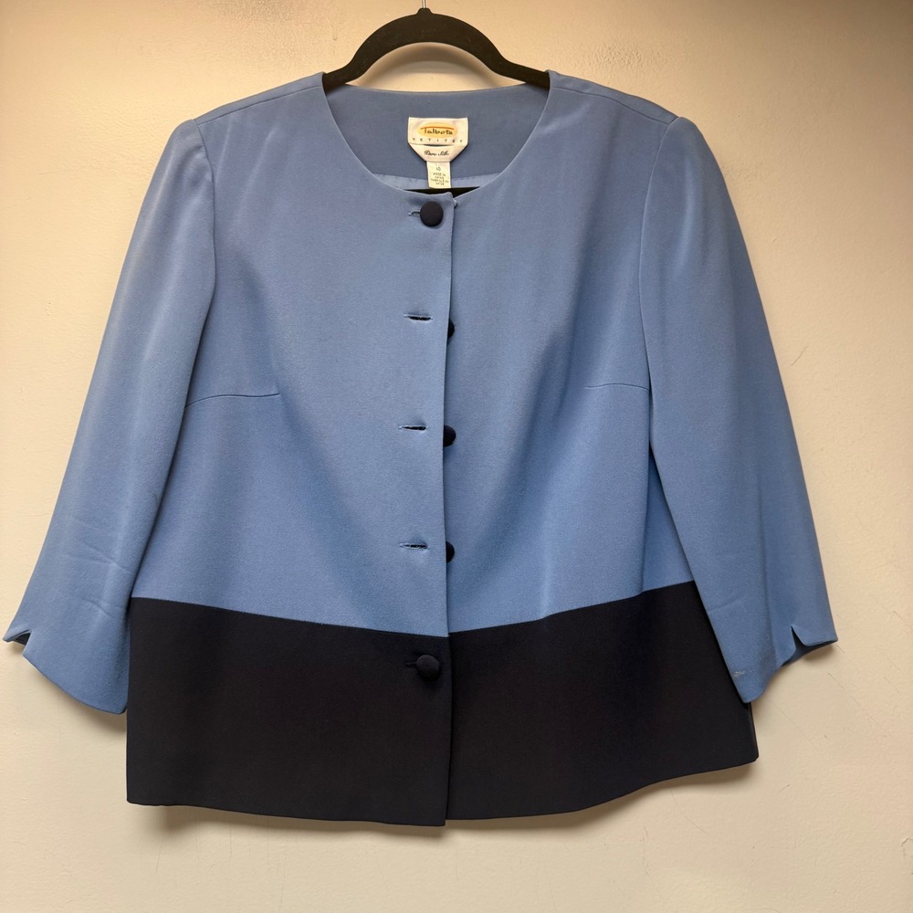 Talbots Silk Blazer Women 10P Blue Navy Excellent Colorblock Collarless Jacket